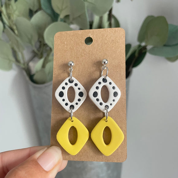 Yellow and Black Polka Dot Dangle Earrings