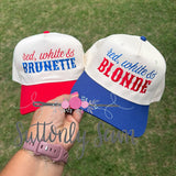 Red, white, and Blonde/Brunette Hat